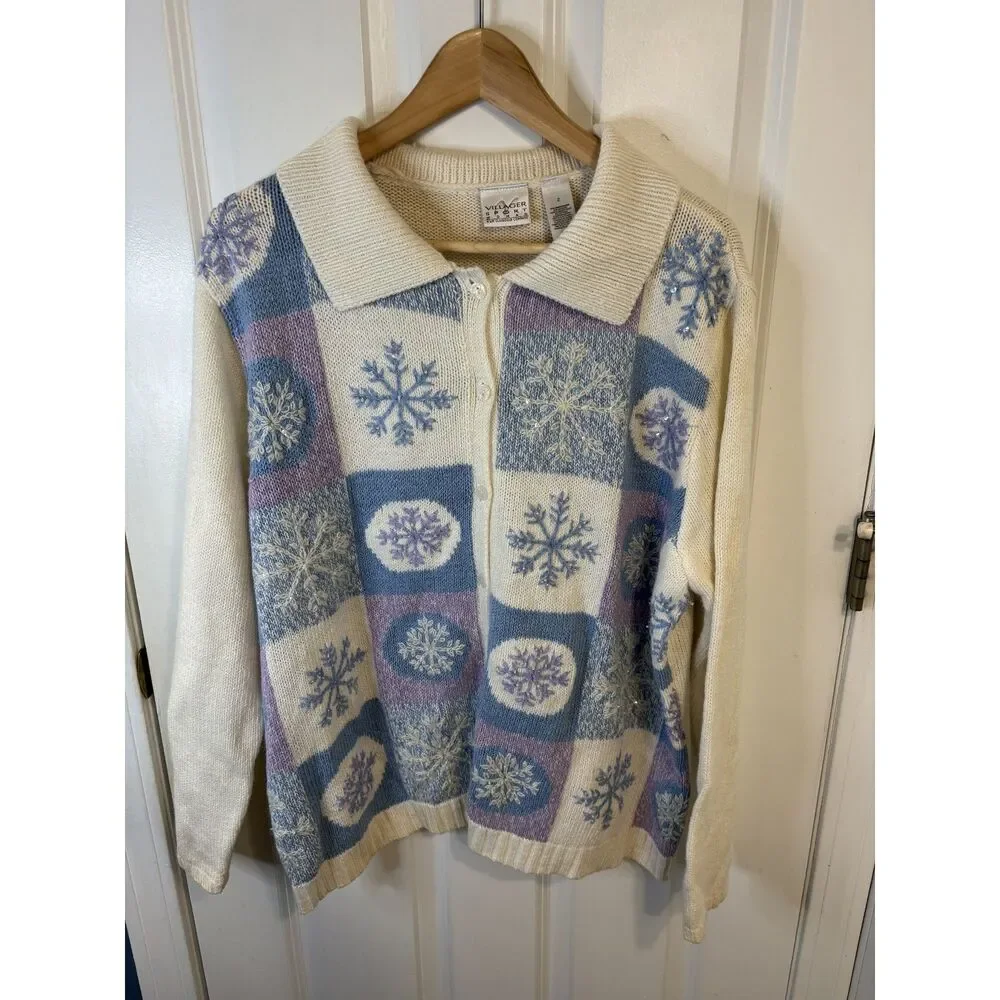 Vintage Villager Sport Liz Claiborne Woman Snowflake Motif Cadigan Size 2 (2X)